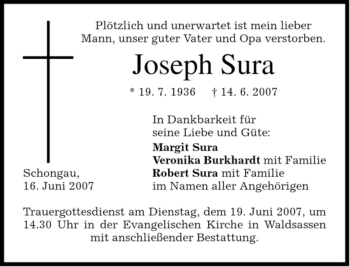 Todesanzeige von Joseph Sura von MERKUR & TZ