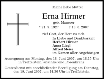 Todesanzeige von Erna Hirmer von MERKUR & TZ