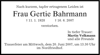 Todesanzeige von Gertie Bahrmann von DORFENER NACHRICHTEN