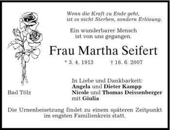 Todesanzeige von Martha Seifert von MERKUR & TZ