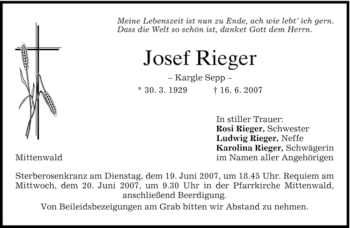 Todesanzeige von Josef Rieger von MERKUR & TZ