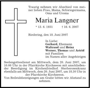 Todesanzeige von Maria Langner von GARMISCH-PARTENK. TAGBLATT