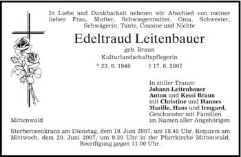 Todesanzeige von Edeltraud Leitenbauer von MERKUR & TZ