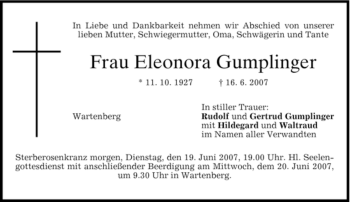 Todesanzeige von Eleonora Gumplinger von MERKUR & TZ