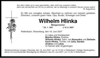 Todesanzeige von Wilhelm Hlinka von MERKUR & TZ