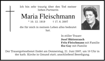 Todesanzeige von Maria Fleischmann von MERKUR & TZ