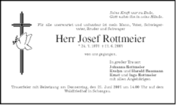 Todesanzeige von Josef Rottmeier von MERKUR & TZ