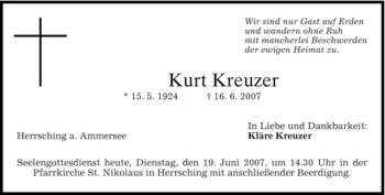Todesanzeige von Kurt Kreuzer von MERKUR & TZ