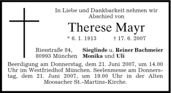 Todesanzeige von Therese Mayr von DORFENER NACHRICHTEN