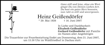 Todesanzeige von Heinz Geißendörfer von HOLZKIRCHENER MERKUR