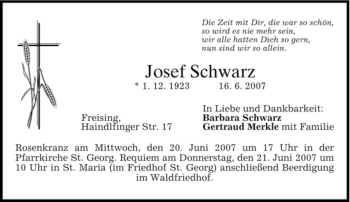 Todesanzeige von Schwarz Josef von MERKUR & TZ