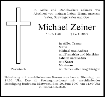 Todesanzeige von Michael Zeiner von HOLZKIRCHENER MERKUR