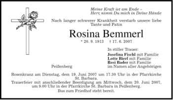 Todesanzeige von Rosina Bemmerl von MERKUR & TZ