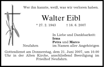 Todesanzeige von Walter Eibl von MERKUR & TZ