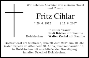 Todesanzeige von Fritz Cihlar von MERKUR & TZ