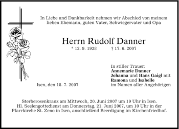 Todesanzeige von Rudolf Danner von MERKUR & TZ