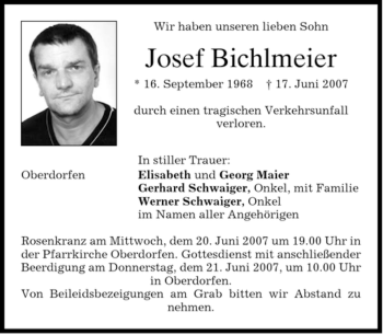 Todesanzeige von Josef Bichlmeier von MERKUR & TZ