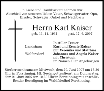 Todesanzeige von Karl Kaiser von GARMISCH-PARTENK. TAGBLATT