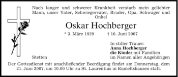 Todesanzeige von Oskar Hochberger von HOLZKIRCHENER MERKUR