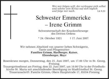 Todesanzeige von Schwester Emmericke von MERKUR & TZ