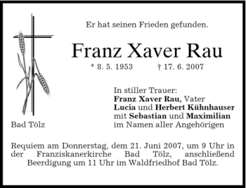 Todesanzeige von Franz Xaver Rau von MERKUR & TZ