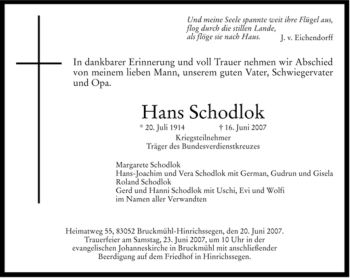 Todesanzeige von Hans Schodlok von MERKUR & TZ