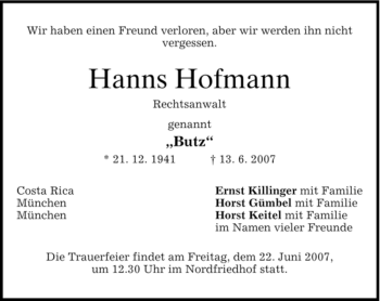 Todesanzeige von Hanns Hofmann von DORFENER NACHRICHTEN
