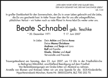 Todesanzeige von Beate Schnabel von MERKUR & TZ