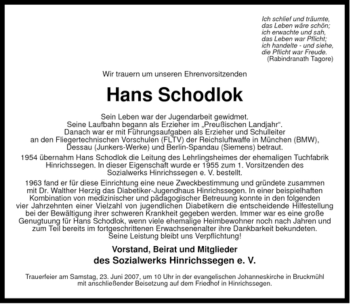 Todesanzeige von Hans Schodlok von MERKUR & TZ