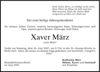 Todesanzeige von Xaver März von MERKUR & TZ