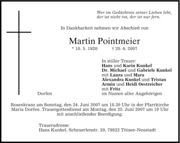Todesanzeige von Martin Pointmeier von MERKUR & TZ