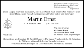 Todesanzeige von Martin Ernst von MERKUR & TZ