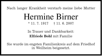 Todesanzeige von Hermine Birner von MERKUR & TZ