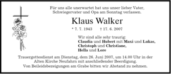 Todesanzeige von Klaus Walker von MERKUR & TZ