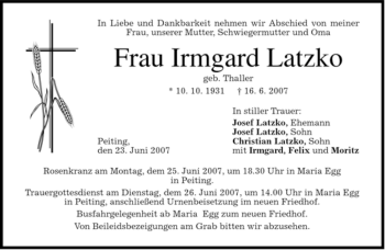 Todesanzeige von Irmgard Latzko von MERKUR & TZ