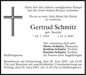 Todesanzeige von Gertrud Schmitz von MERKUR & TZ