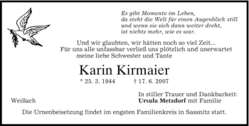 Todesanzeige von Karin Kirmaier von MERKUR & TZ