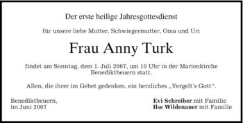 Todesanzeige von Anny Turk von MERKUR & TZ