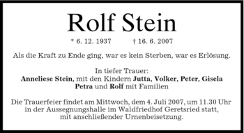 Todesanzeige von Rolf Stein von MERKUR & TZ