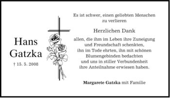 Todesanzeige von Hans Gatzka von MERKUR & TZ