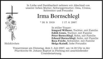 Todesanzeige von Irma Bornschlegl von MERKUR & TZ