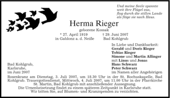 Todesanzeige von Herma Rieger von MERKUR & TZ