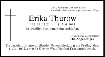 Todesanzeige von Erika Thurow von MERKUR & TZ