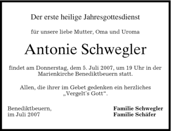 Todesanzeige von Antonie Schwegler von MERKUR & TZ