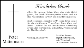 Todesanzeige von Peter Mittermaier von DORFENER NACHRICHTEN