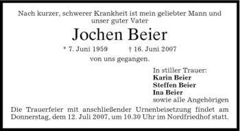 Todesanzeige von Jochen Beier von DORFENER NACHRICHTEN