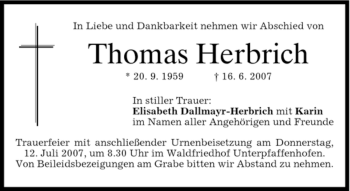 Todesanzeige von Thamas Herbrich von MERKUR & TZ