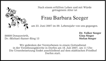 Todesanzeige von Barbara Seeger von MERKUR & TZ