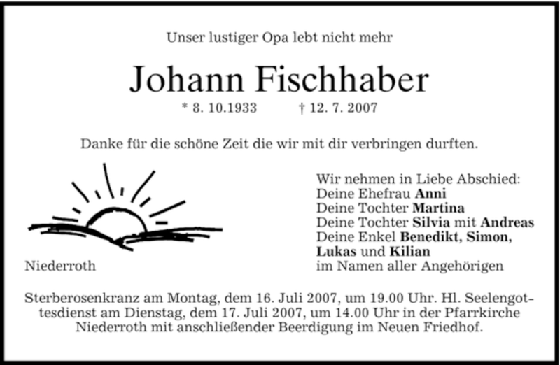 Traueranzeige für Johann Fischhaber vom 14.07.2007 aus HOLZKIRCHENER MERKUR