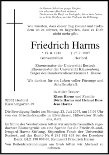 Todesanzeige von Friedrich Harms von MERKUR & TZ